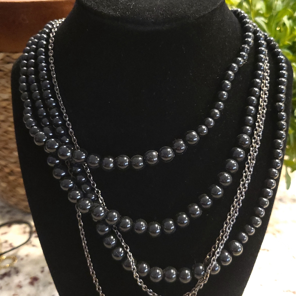 Black Beaded and Chain Necklace
